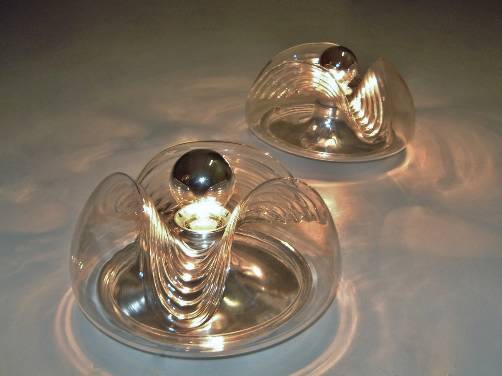 Peill & Putzler pair vintage sculptural glass & metal wall/ceiling lights, 1970`s ca, German